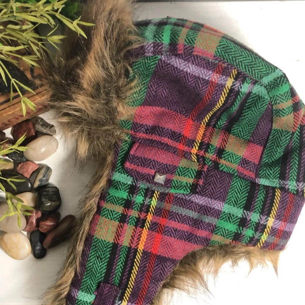 Plaid Bomber Faux Fur Hat Snow Ski Cold Weather Headwear Multi Color Plaid Hat - Picture 10 of 16